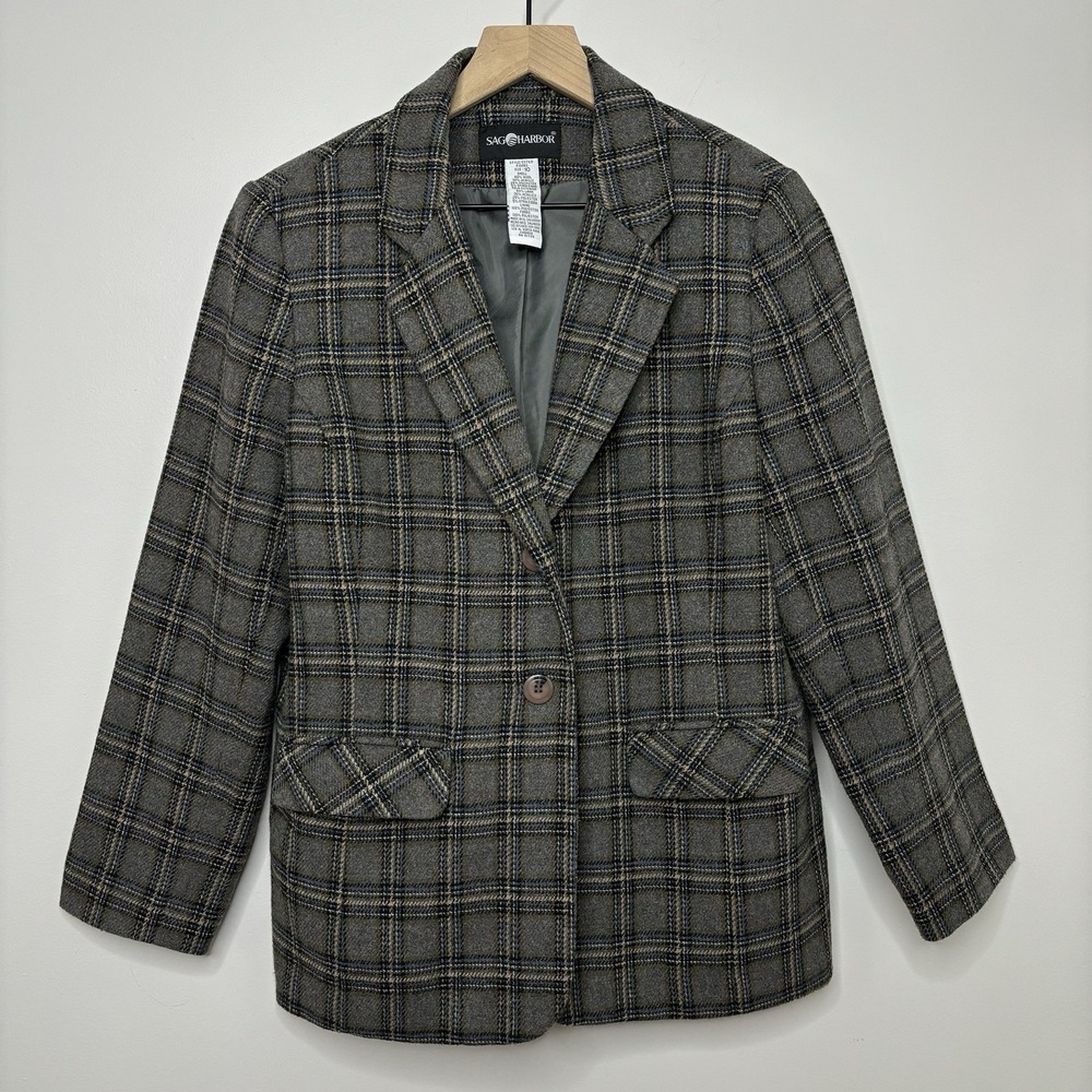 Sag Harbor Wool Blazer‎ 10 Gray Jacket Plaid  Classic Office Casual Academia
